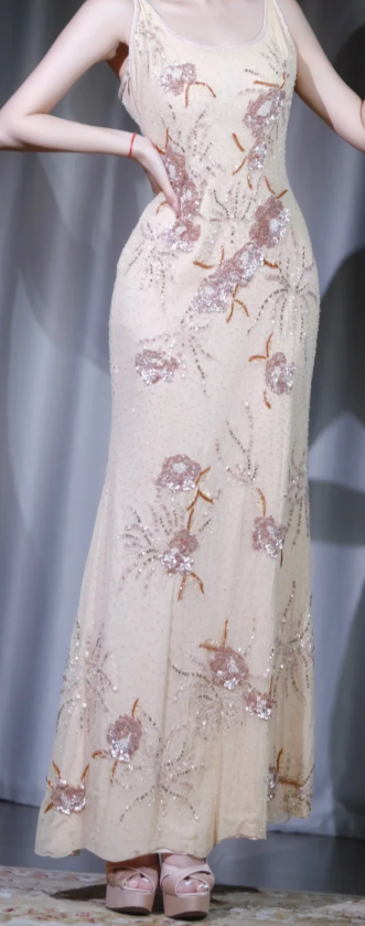 ✨Girlhomeshops-Vintage Champagne Floral Beaded Spaghetti Strap Formal Dress gh9997