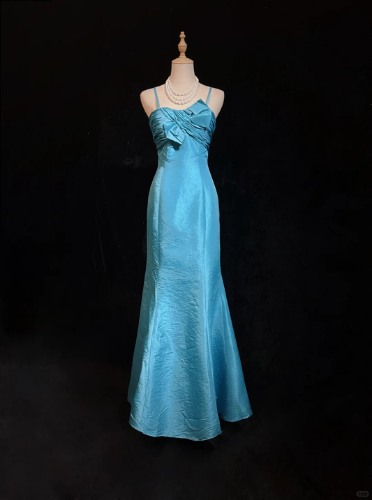 ✨Girlhomeshops-Lake Blue Spaghetti Strap Satin Mermaid Gown 3D Bow gh10140