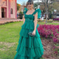 Robe de bal longue en tulle vert chasseur/vert émeraude, coupe trapèze, bretelles, à volants, gh2771