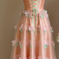 Sweetheart Peach Pink Corset Homecoming Dress Spaghetti Strap Lace Up A-Line Midi Gown with 3D Floral Butterfly Appliques gh9482