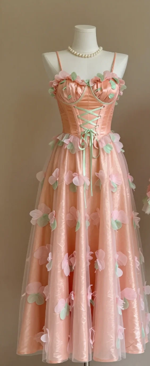Sweetheart Peach Pink Corset Homecoming Dress Spaghetti Strap Lace Up A-Line Midi Gown with 3D Floral Butterfly Appliques gh9482