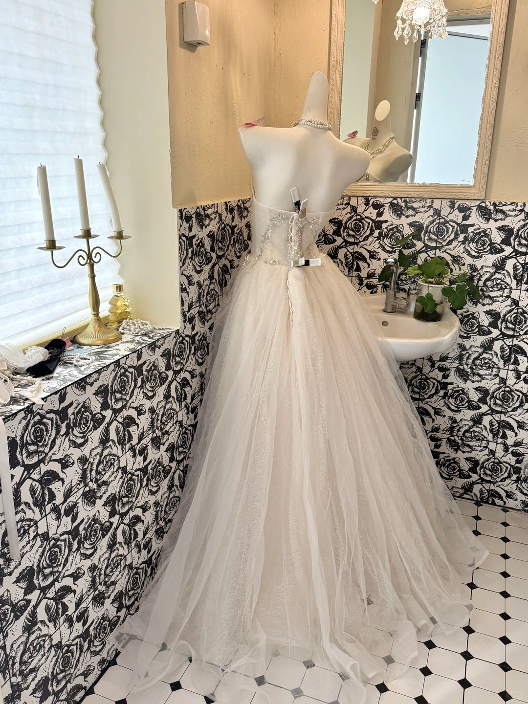 Ivory Gown with Silver Decorations, Strapless Waist-Cinched Voluminous Skirt Luxury Romantic Dress, Wedding Gown gh7682