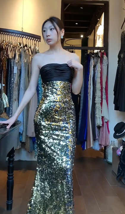 Strapless Two Tone Black Gold Evening Gown Ruched Satin Gold Sequin Mermaid Long Prom Dress gh9682
