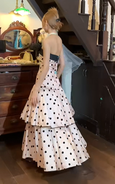 Strapless Pink Polka Dot Prom Dress Big Black Bow Satin Tiered Cake Skirt Vintage Evening Gown gh9830
