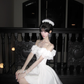 Women Sweet White Off Shoulder Homecoming Dress Ruffle Lace Short Sleeve Boned Corset A-Line Lace Hem Short Prom Gown gh9443