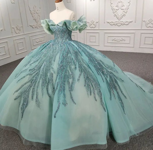 Robe de soirée longue en tulle perlé vert magnifique et brillant, robe de princesse longue au sol, robe gh3196