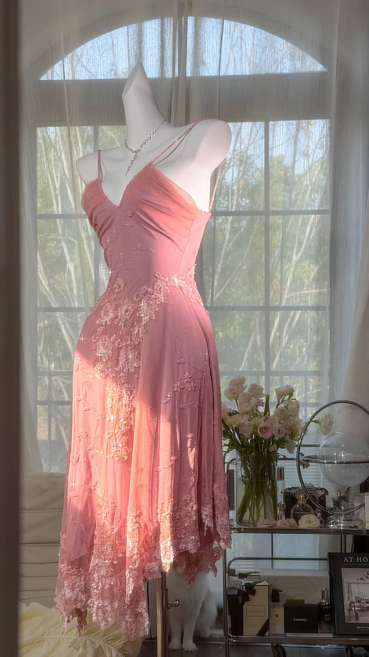 Light Pink V-Neck Spaghetti Straps Waist-Cinched Fitted Midi Evening Dress, Fairy Gown, Romantic Gown gh7436