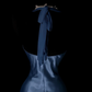 Dusty Blue Satin Halter Neck Evening Gown, Deep V Halter Open‑Back, Beaded Neckline Detail, Fitted Mermaid Floor‑Length Dress, Chiffon Hem Trim, Retro Prom Party Gown gh8879