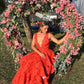Deep V neck orange A-line long tiered ball gown evening dress gh2810