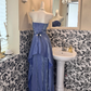 Slate Blue Strapless Waist-Cinched Fitted Asymmetrical Skirt Vintage Romantic Dress gh7508