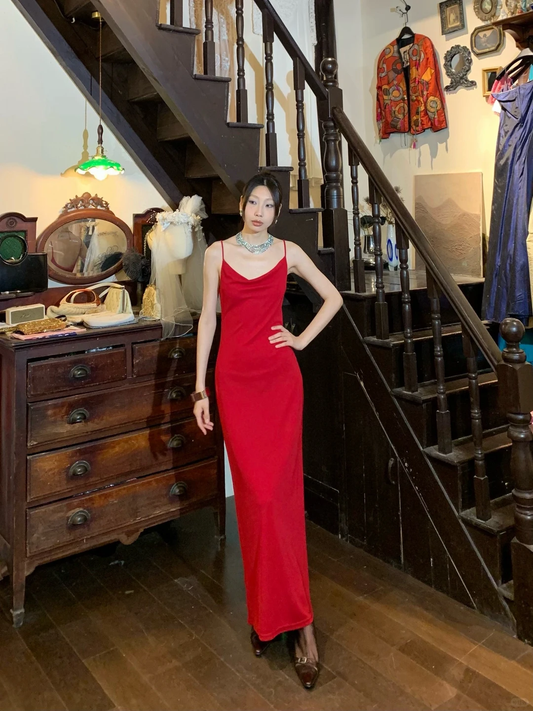 Cowl Neck Red Slip Evening Gown, Thin Straps Solid Color Straight Maxi Formal Dress gh9877