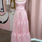 Rosa Mode Elegante Glänzende A-linie Spaghetti Strap Lange satin Spitze Ballkleid, Abendkleid, Party Kleid gh3517