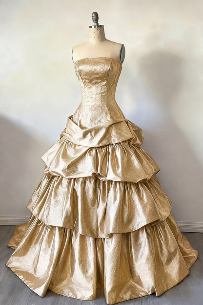 Gold Metallic Jacquard Strapless Prom Dress Corset Bodice Tiered Ruffled Cake Skirt Long Evening Ball Gown gh9462