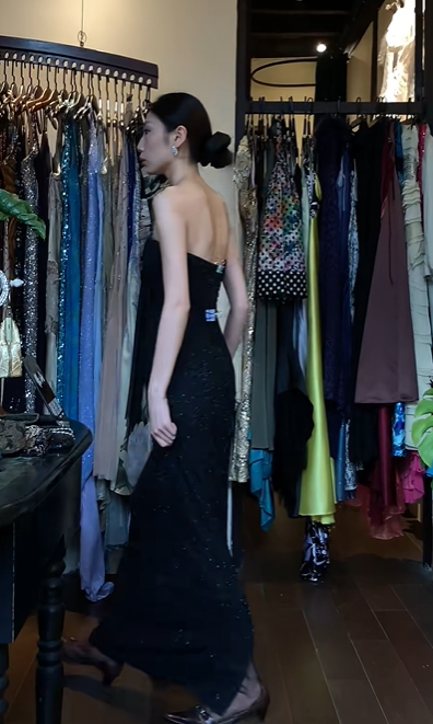 Black Strapless Long Formal Gown Ruched Bust Tiny Beaded Slim Evening Dress gh9642