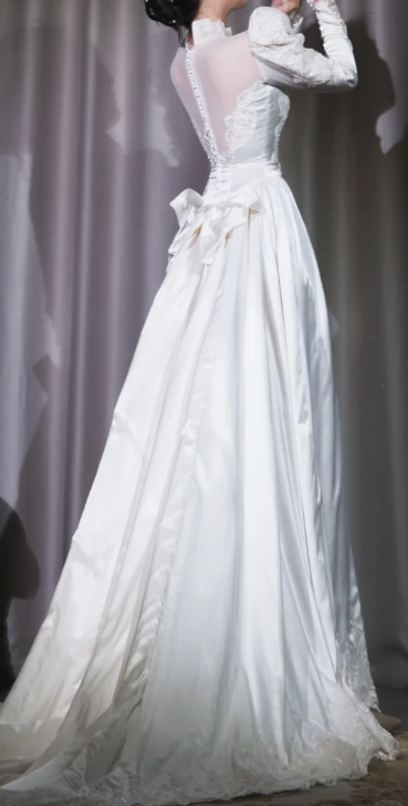 ✨Girlhomeshops-White Puff Sleeve Lace Wedding Gown High Neck Satin Ballgown Bridal Dress gh10096
