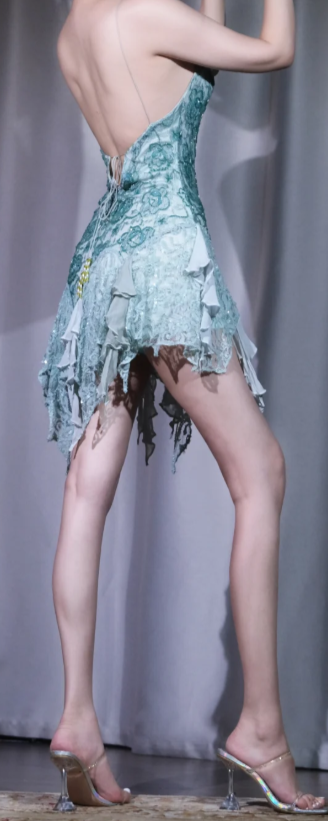 ✨Girlhomeshops-Mint Green Lace Sequin Spaghetti Strap Evening Dress V Neck Irregular Ruffle Fringe Party Gown gh10049