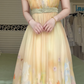 Pale Yellow Square Neck Puff Short Sleeve Ball Gown, Watercolor Floral Print Tulle Long Formal Prom Dress gh9013