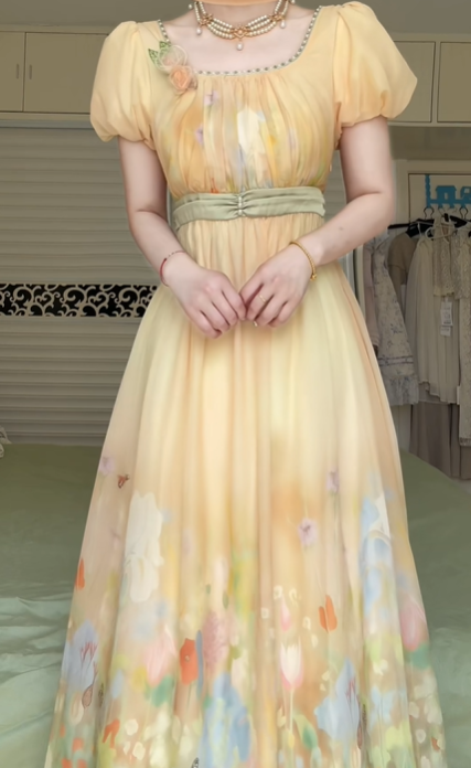Pale Yellow Square Neck Puff Short Sleeve Ball Gown, Watercolor Floral Print Tulle Long Formal Prom Dress gh9013