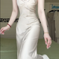 Champagne Satin Pointed V‑Neck Spaghetti Strap Long Evening Gown, Pleated Bodice Mermaid Formal Prom Dress gh9011