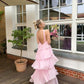 Rosa Neckholder-Mode Neckholder Rüschen Tiered Rüschen lange Chiffon Tüll Ballkleid Abendkleid Partykleid gh3100