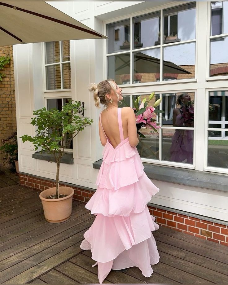 Rosa Neckholder-Mode Neckholder Rüschen Tiered Rüschen lange Chiffon Tüll Ballkleid Abendkleid Partykleid gh3100