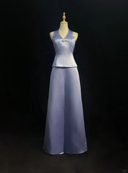 Halter V Neck Lavender Two Piece Prom Dress Satin Floor Length Simple Formal Evening Gown gh9538