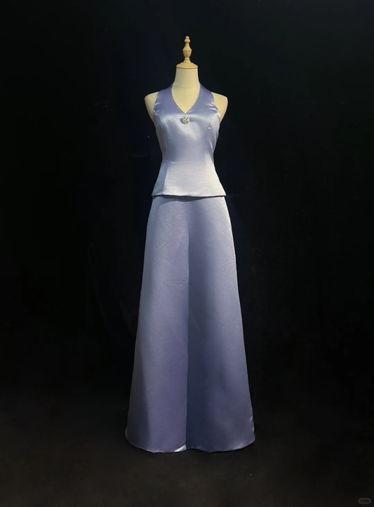 Halter V Neck Lavender Two Piece Prom Dress Satin Floor Length Simple Formal Evening Gown gh9538