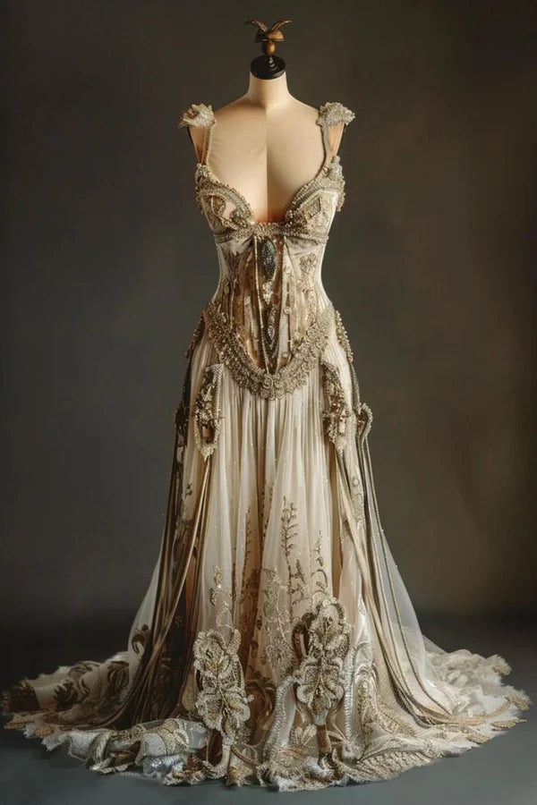 Robe de soirée longue en tulle, élégante et dorée, style rétro, avec appliques florales, en dentelle exquise, coupe trapèze, longueur au sol, robe de bal, robe de mariée, gh3695