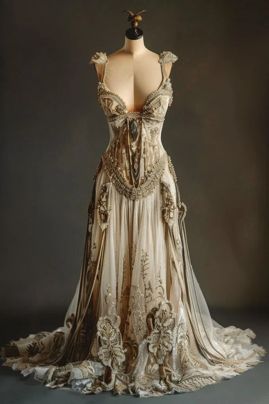 Golden Gorgeous Retro Fashion Elegant Floral Appliqué Exquisite Lace A-Line Long Tulle Floor-length Tail Evening Gown Prom Dress Wedding Dress gh3695
