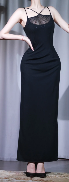 ✨Girlhomeshops-Black Crisscross Strap Mesh Beaded Long Slim Party Dress gh10013