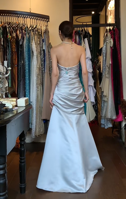 Silver White Satin Strapless Sweetheart Evening Gown Ruched Bodice A-Line Long Prom Dress gh9721