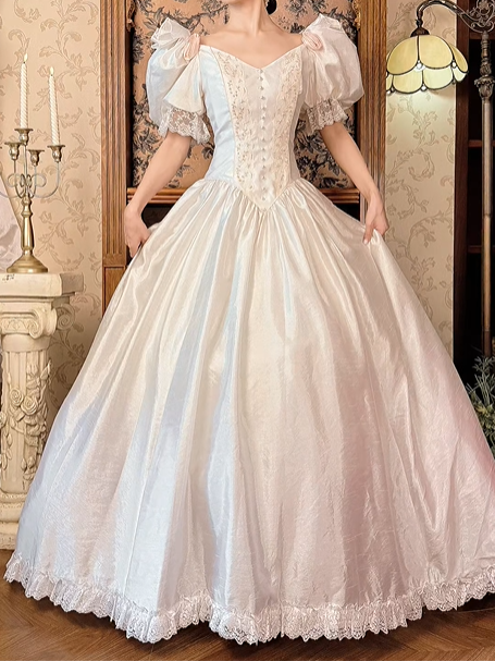 Off‑White Puff Sleeve Vintage Fitted Waist Full Flared Skirt Prom Gown, Wedding Dress gh8593