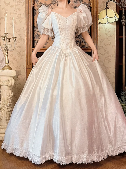 Off‑White Puff Sleeve Vintage Fitted Waist Full Flared Skirt Prom Gown, Wedding Dress gh8593