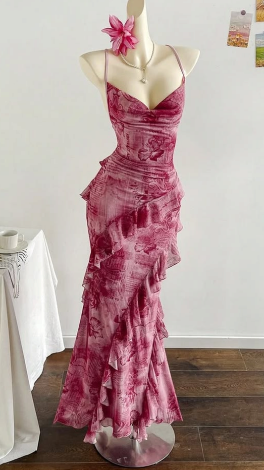 Pink Printed Spaghetti Straps Waist-Cinched Fitted Bodycon Sexy Evening Dress, Fairy Gown, Romantic Gown gh7438