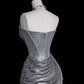 Silbernes, wunderschönes, schimmerndes, schmal geschnittenes, langes Satin-Ballkleid, Abendkleid, Partykleid, gh4967