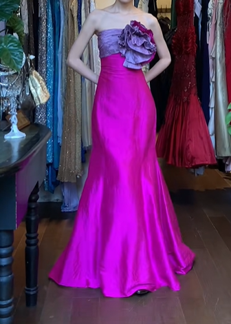 Fuchsia Strapless Long Formal Gown Purple 3D Flower Satin Mermaid Prom Dress gh9635