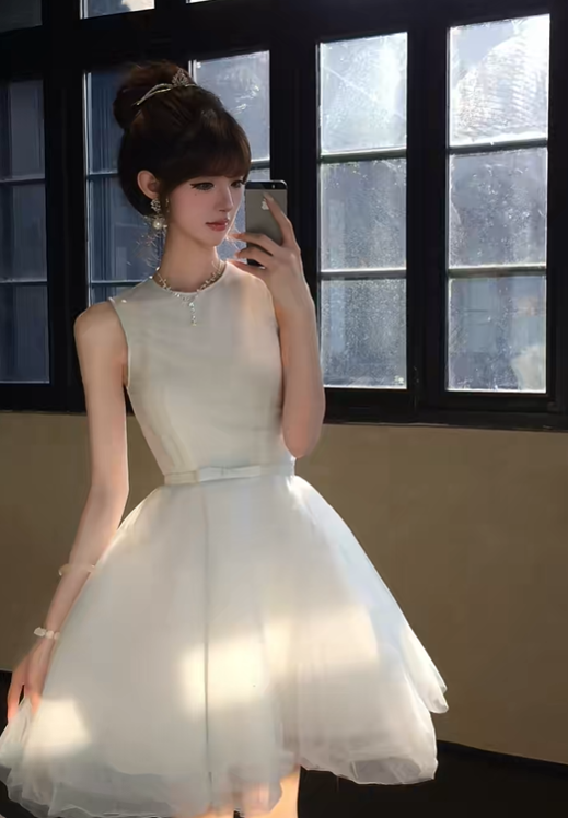 Light Blue Sleeveless Tulle Homecoming Dress Round Neck Mini Prom Gown gh9408