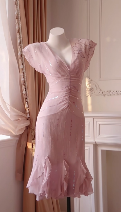Dusty Pink Vintage Midi Prom Dress V Neck Flutter Sleeves Beaded Floral Ruffle Mermaid Cocktail Gown gh9596