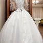 White Vintage Tulle Wedding Prom Dress, Square Neck Puff Sheer Lace Sleeves, Lace Appliqués, Multi‑Tier Ruffle Long Train gh8718