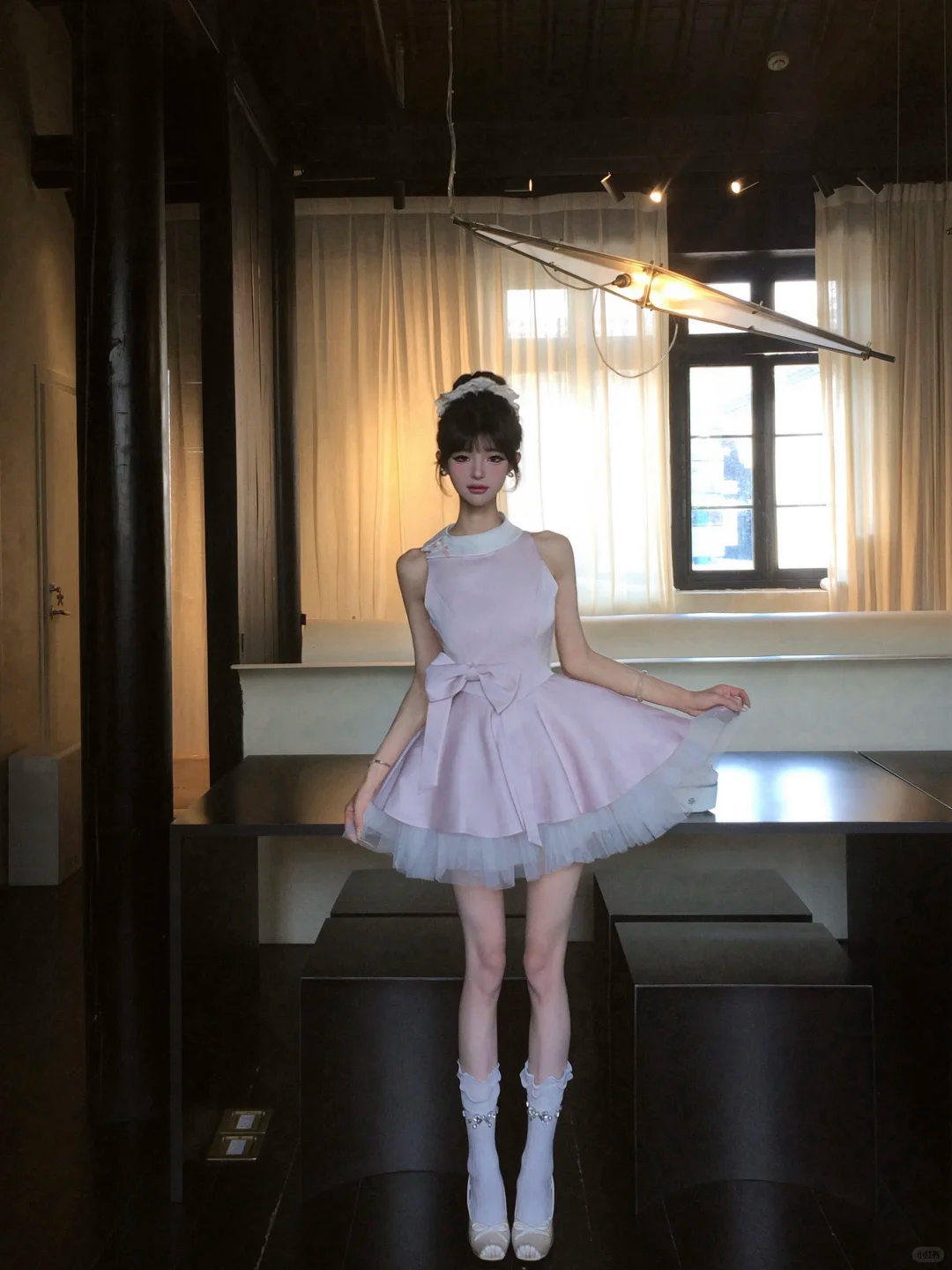 Women Elegant Light Pink Satin Homecoming Dress Halter Neck Big Side Bow Layered Tulle Flare Short Prom Gown gh9447