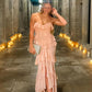Rosa Chiffon Rüschen Langes Fließendes Elegantes Abendkleid Hochzeitsgast Partykleid Urlaubspartykleid gh3138