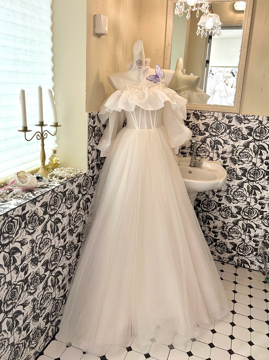 Ivory Spaghetti Straps Ruffled Neckline Waist-Cinched Full Flared Skirt Long Romantic Dress, Wedding Gown gh7757