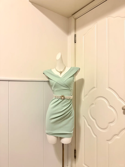 Sage Green Homecoming Dress Off Shoulder V Neck Bodycon Cocktail Party Gown gh9368