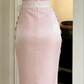 Square Neck Light Pink Satin Prom Gown Beaded Trim Corset Bodice Ruched Skirt Lace Bow Belt Evening Dress gh9474
