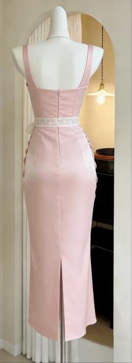 Square Neck Light Pink Satin Prom Gown Beaded Trim Corset Bodice Ruched Skirt Lace Bow Belt Evening Dress gh9474