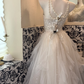 Light Gray Apricot Strapless Waist-Cinched Tiered Cake Skirt Long Vintage Romantic Dress, Wedding Gown gh7502