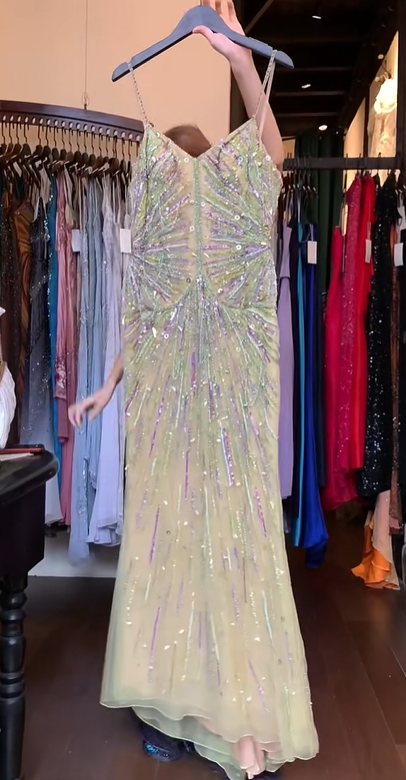 Light Mint Green Iridescent Sequin Mermaid Long Evening Gown Spaghetti Straps Prom Dress gh9844