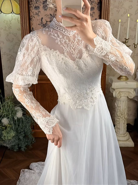 Off‑White Long Puff Sleeve Fitted Waist Elegant Vintage Long Prom Gown, Wedding Prom Dress gh8596