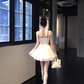 Women Dreamy White Wide Strap Homecoming Dress Heart Neck Bow Pearl Chain Boned Corset Multi-Layer Tulle Short Prom Gown gh9438