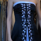 Strapless Black Satin Evening Gown White Floral Embroidery Contrast Liner Front Slit Vintage Long Prom Dress gh9700